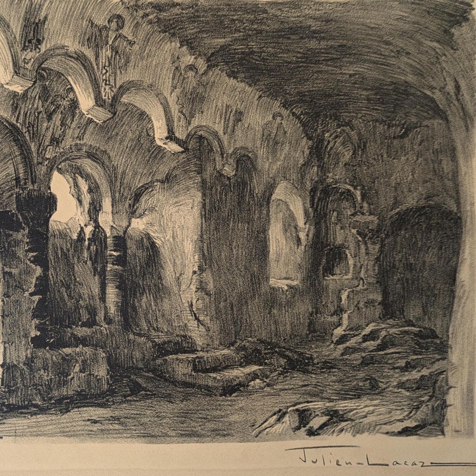 Antique Julien Lacaze Engraving Of The Christian Chapel In The Jonas Caves France, Signed French Art Print photo buy