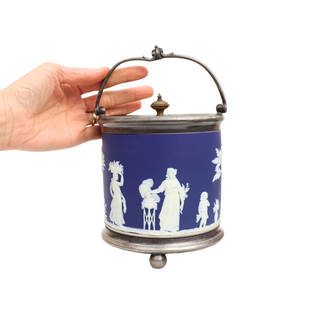 Antique Wedgwood Blue And White Jasperware Biscuit Barrel Neoclassical Made In England 19th Century