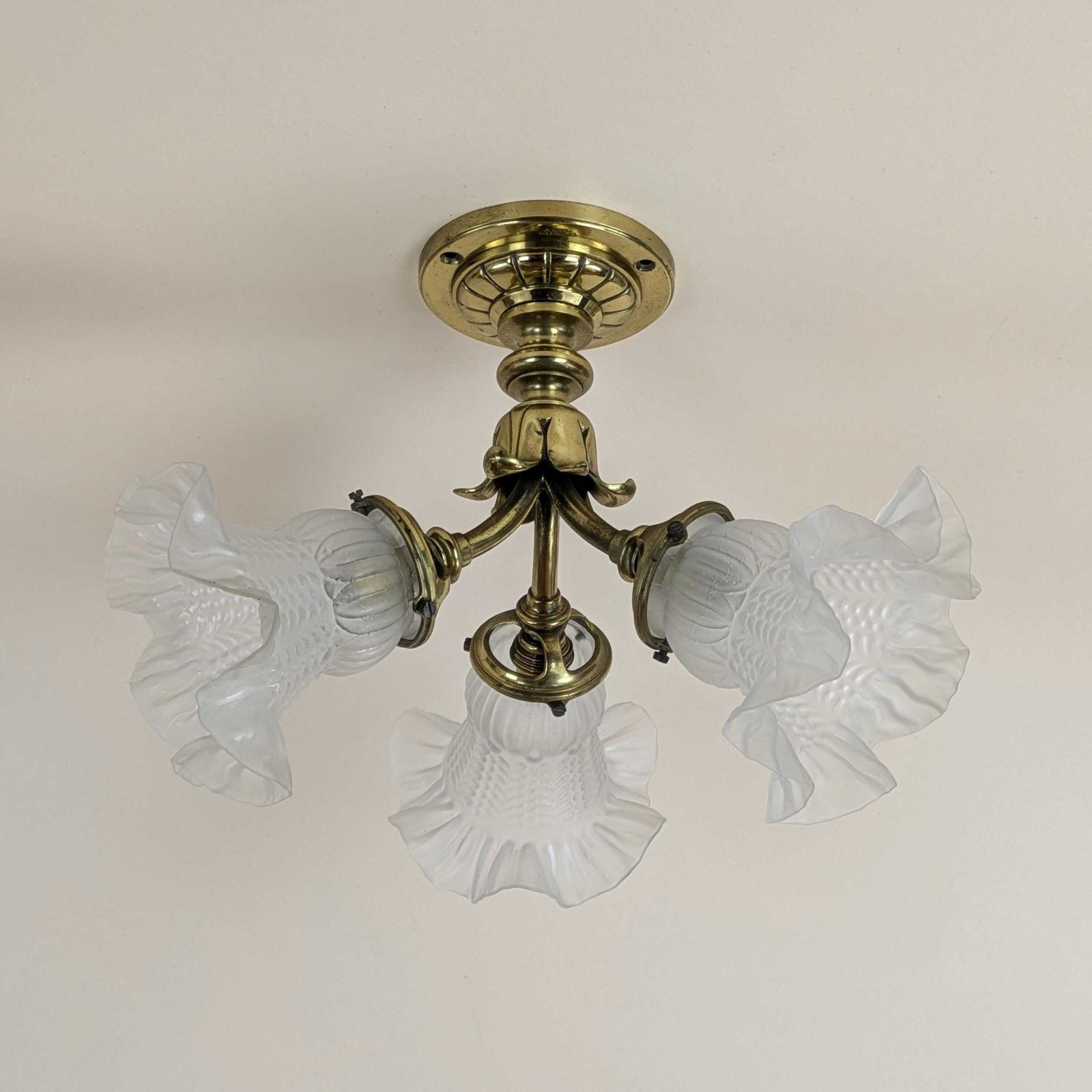 Antique French Gilt Bronze Mount 3 Light Glass Ceiling Light By Berlie & Co Lyon, Art Nouveau Lamp, Original Lighting From France