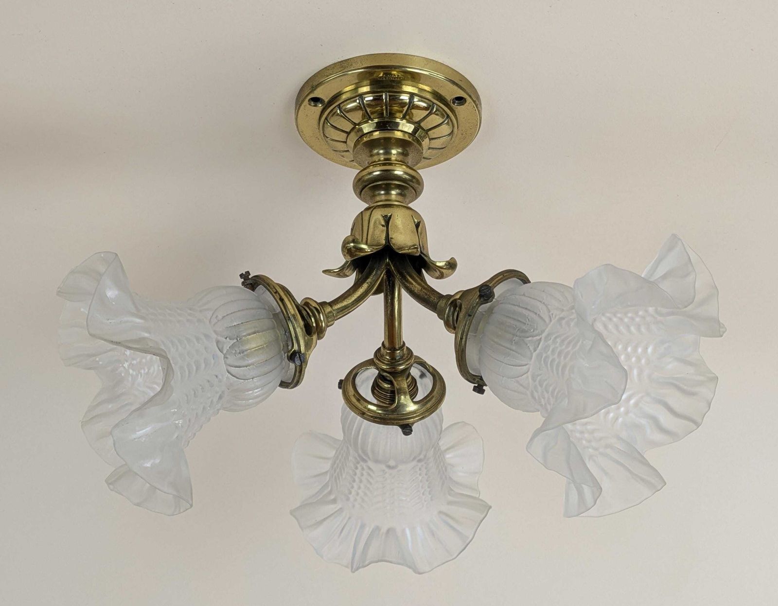 Antique French Gilt Bronze Mount 3 Light Glass Ceiling Light By Berlie & Co Lyon, Art Nouveau Lamp, Original Lighting From France photo for sale
