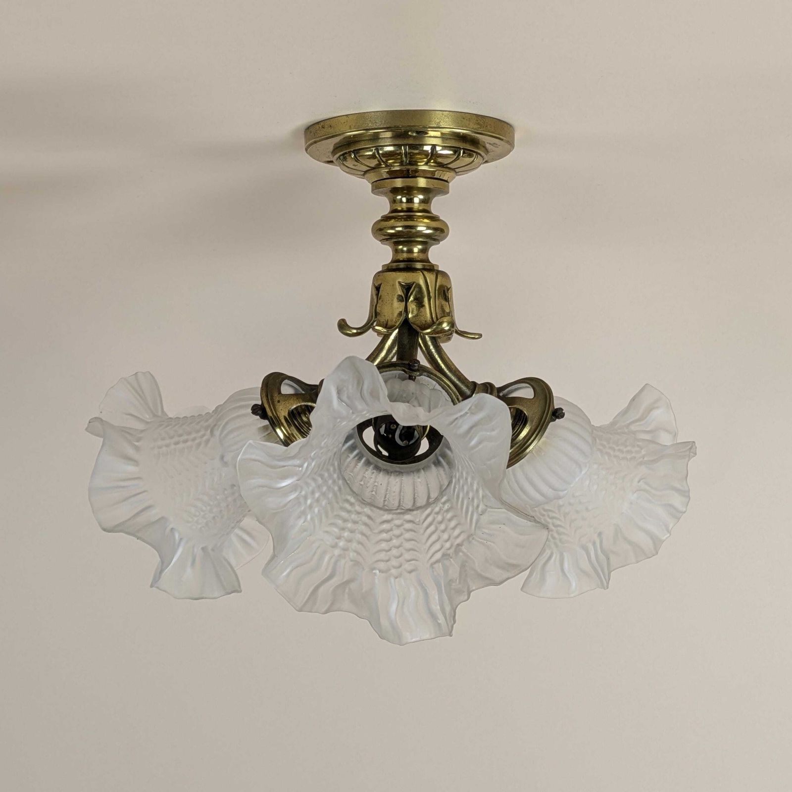 Antique French Gilt Bronze Mount 3 Light Glass Ceiling Light By Berlie & Co Lyon, Art Nouveau Lamp, Original Lighting From France photo 425.0