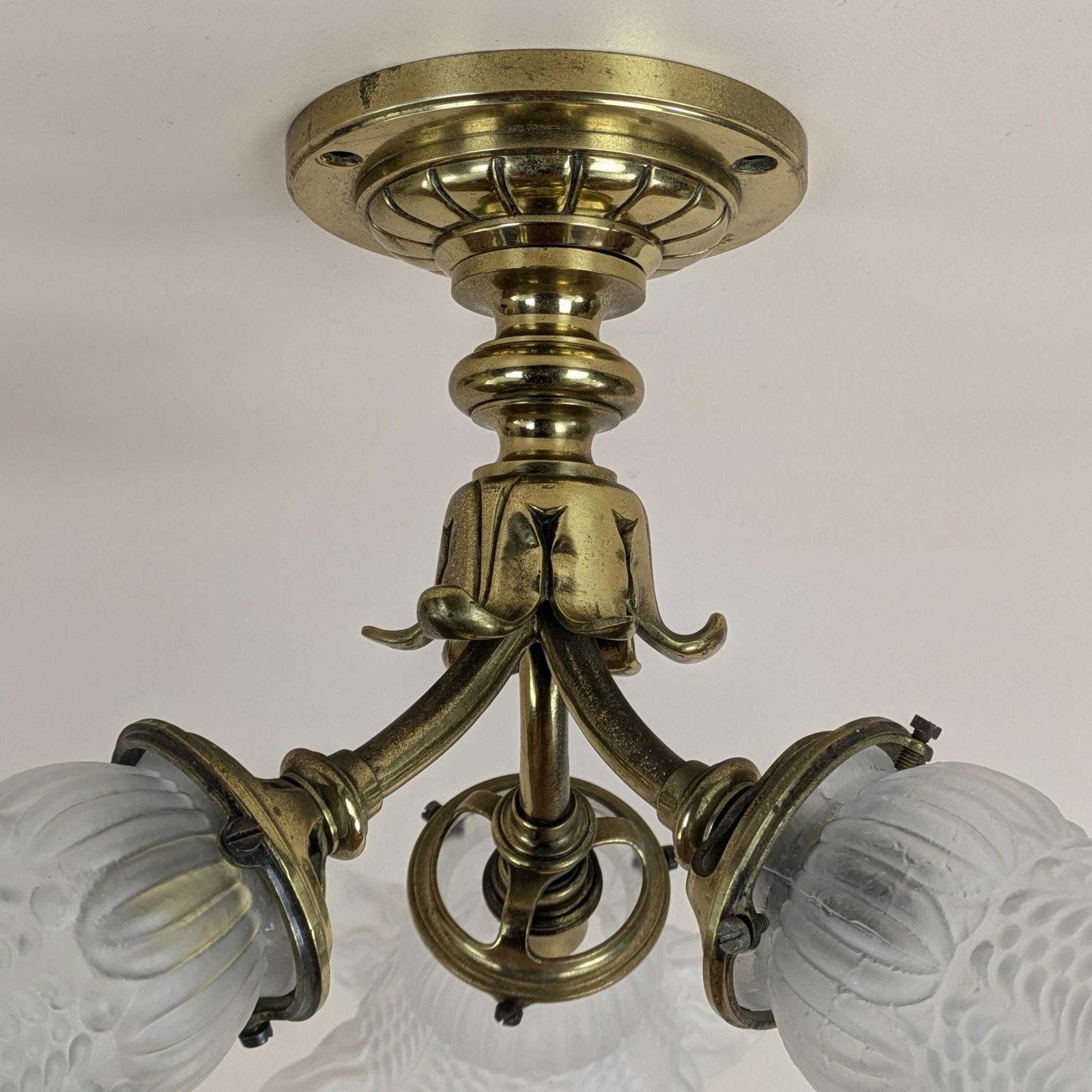 photo furniture Antique French Gilt Bronze Mount 3 Light Glass Ceiling Light By Berlie & Co Lyon, Art Nouveau Lamp, Original Lighting From France