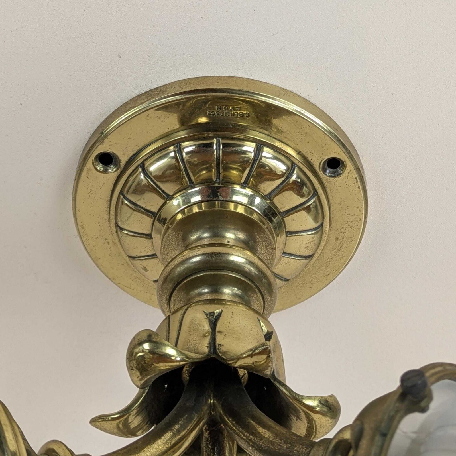 photo for sale Antique French Gilt Bronze Mount 3 Light Glass Ceiling Light By Berlie & Co Lyon, Art Nouveau Lamp, Original Lighting From France