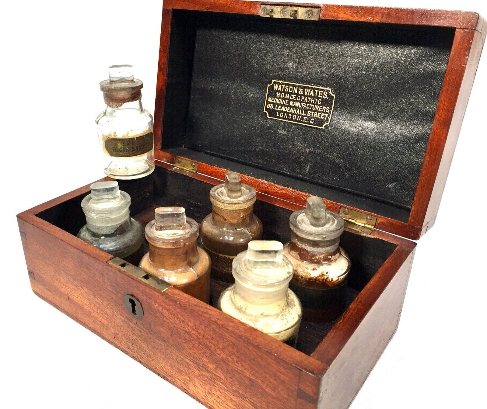 photo for sale Antique Mahogany Apothecary Box / Cabinet With Glass Bottles By Watson & Wates