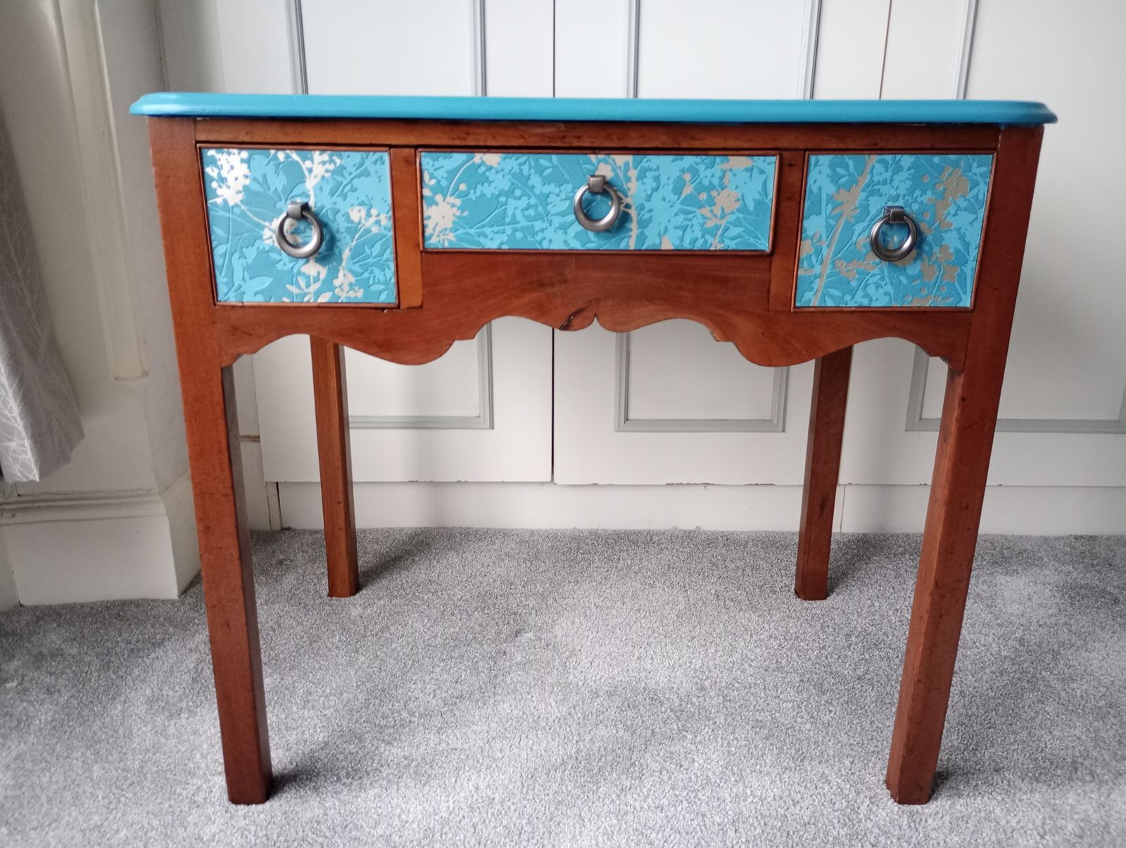 Antique Solid Mahogany Three Drawer Desk With Teal Top And Decorated Drawers