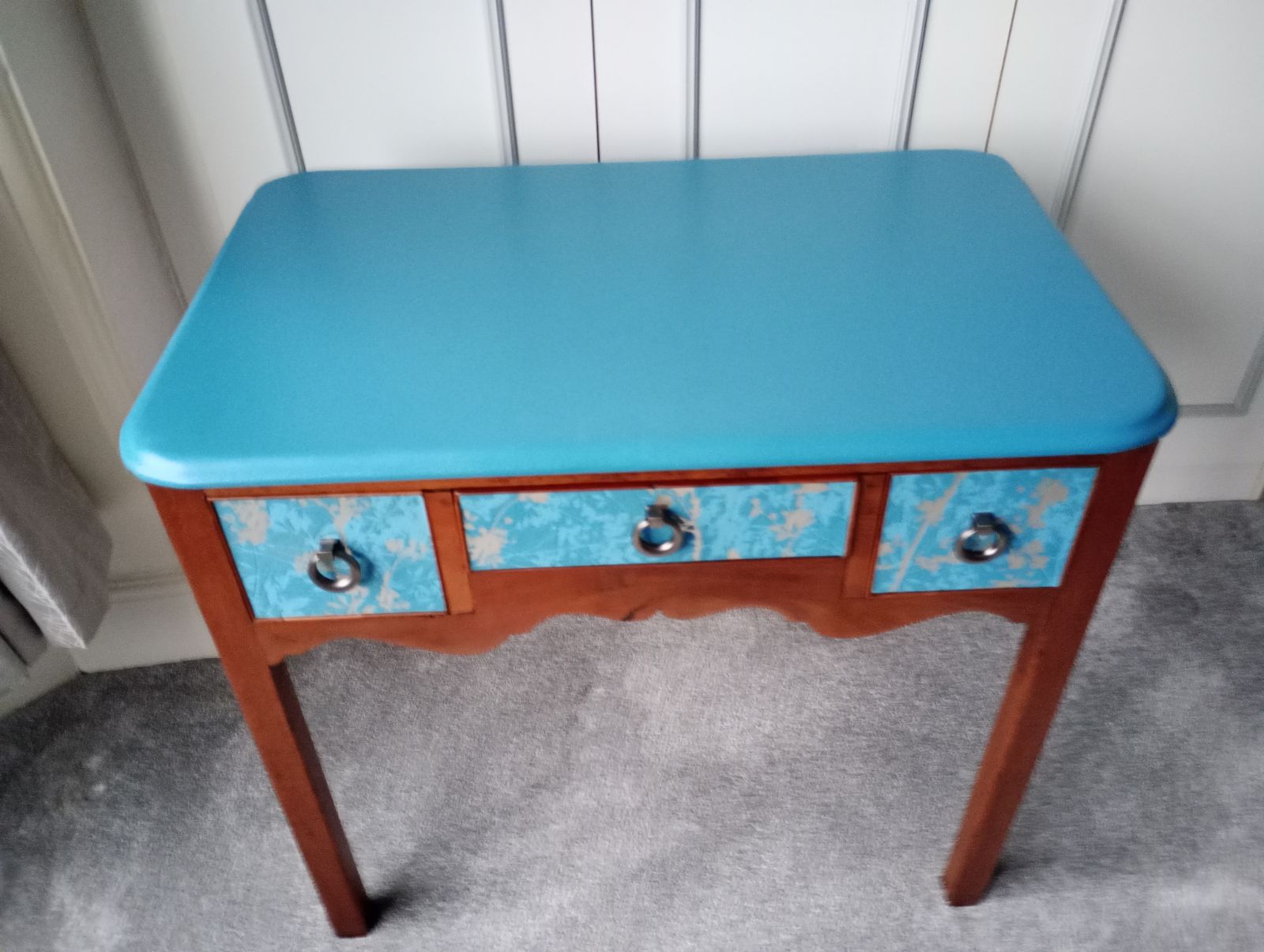 Antique Solid Mahogany Three Drawer Desk With Teal Top And Decorated Drawers photo for sale