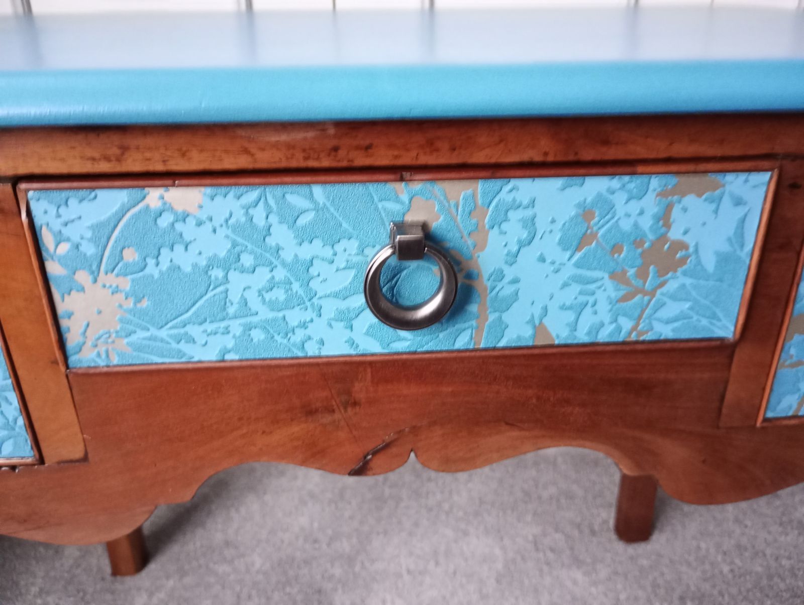 Antique Solid Mahogany Three Drawer Desk With Teal Top And Decorated Drawers photo 100.0