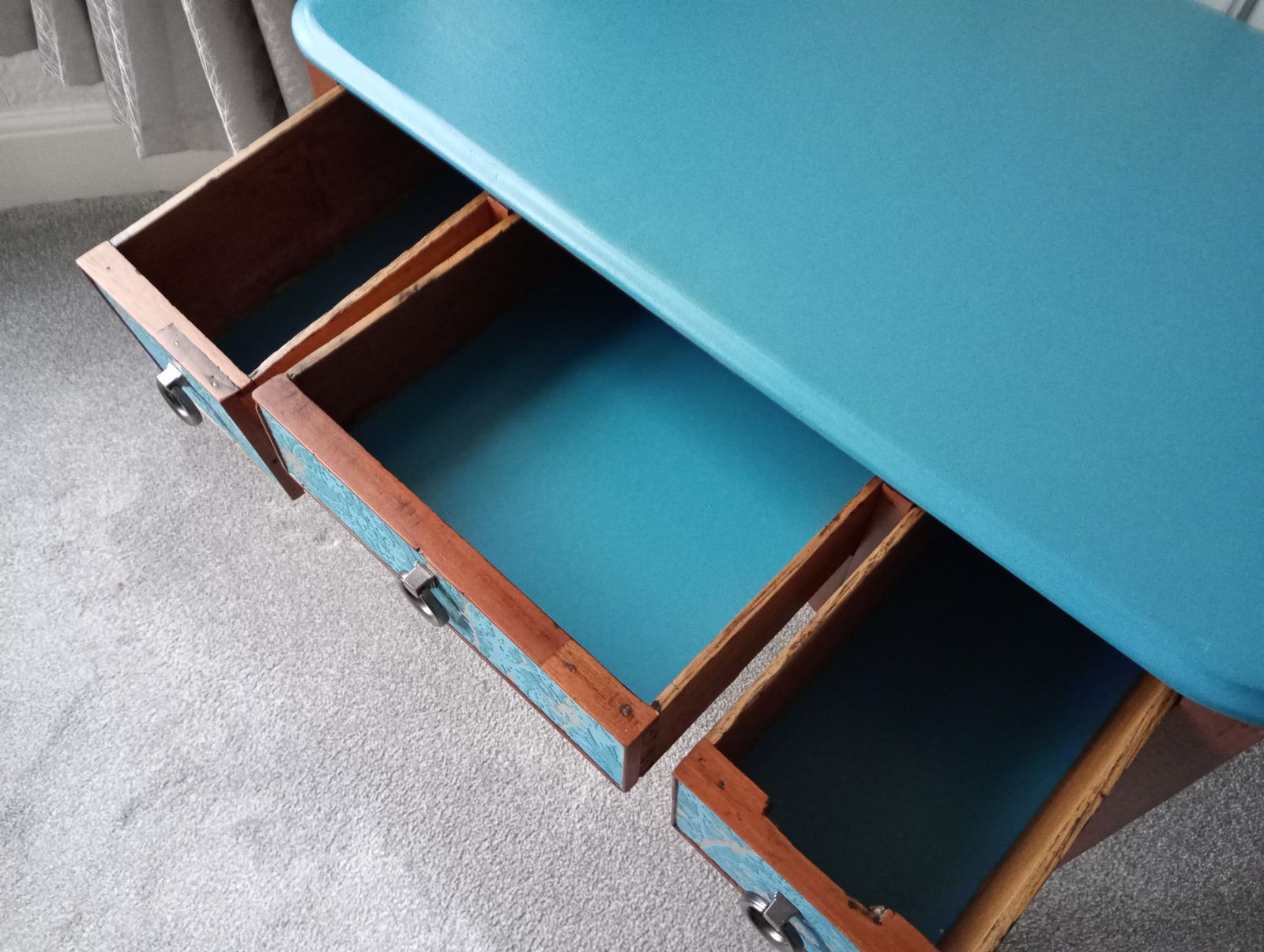 Antique Solid Mahogany Three Drawer Desk With Teal Top And Decorated Drawers photo vintage