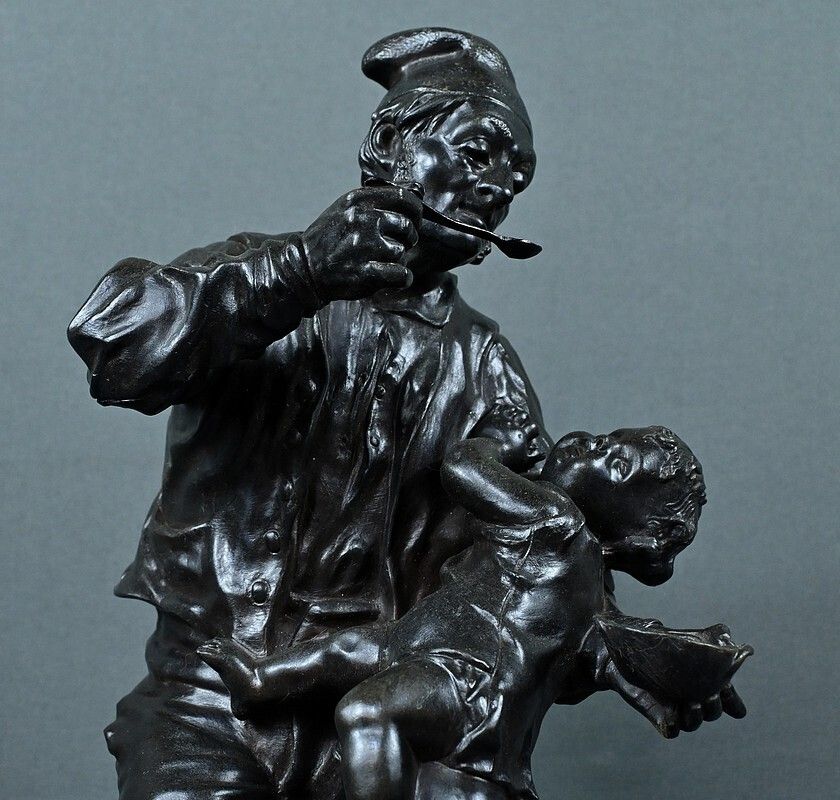 Bronze “The First Meal” By V. Rousseau – Early 20th Century photo vinterior