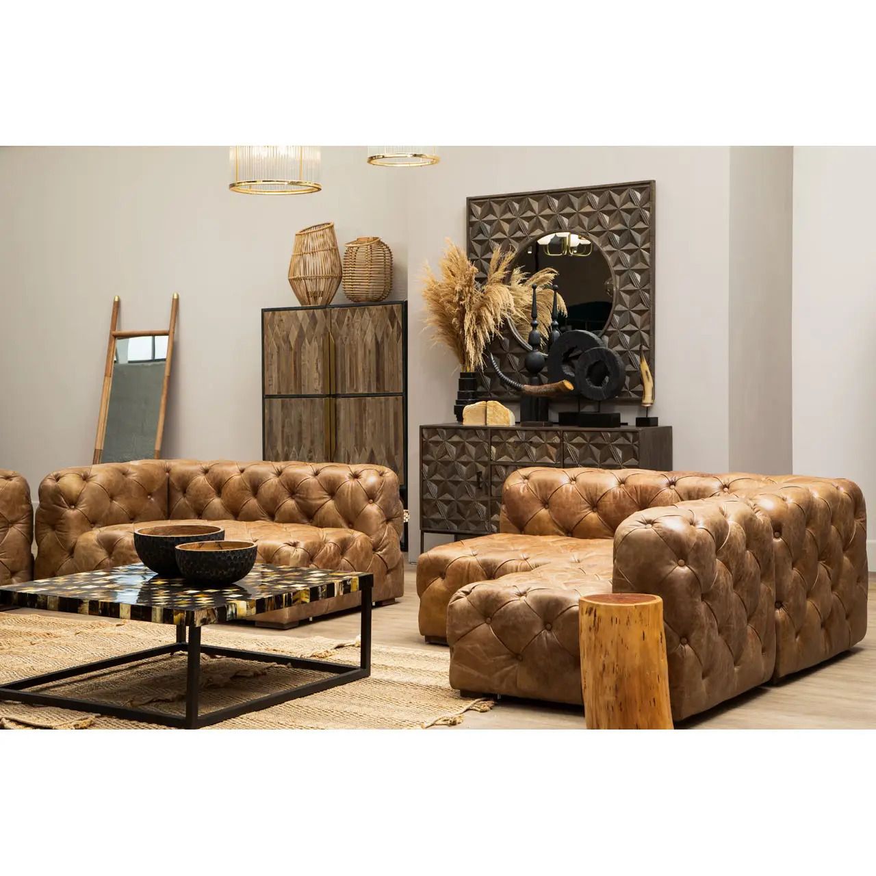 Bespoke Modular Sectional Sofa, 13 Seats Total, Mid Century Modern Tufted Chesterfield Adaptation, Tan Aniline Leather photo for sale