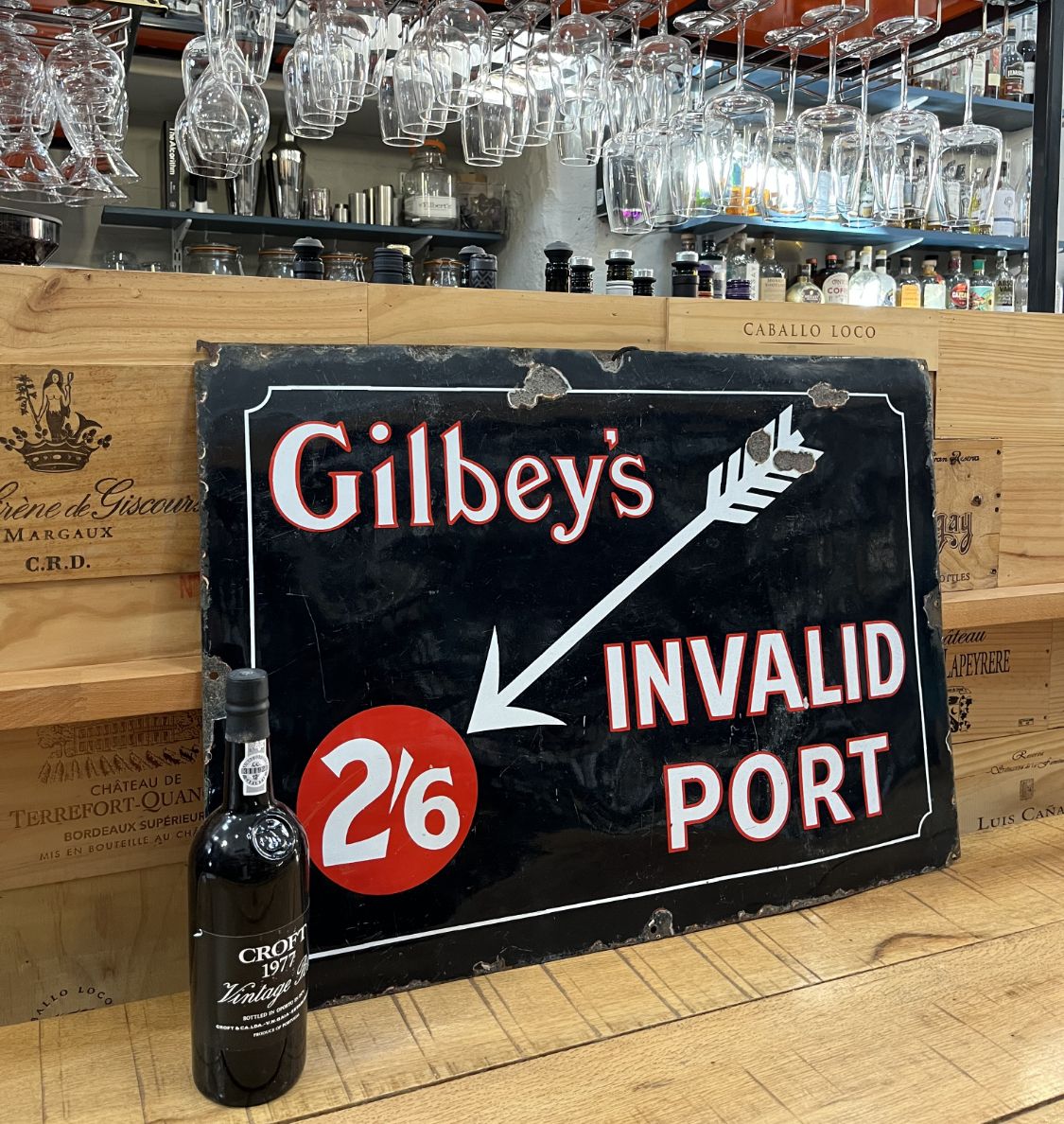 Large 1930s Original Gilbeys Invalid Port Enamel Advertising Railwayana Pub Garden Bar Sign photo 795.0