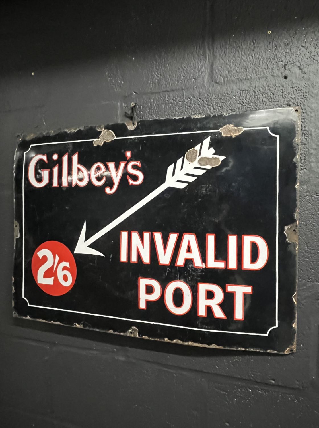 Large 1930s Original Gilbeys Invalid Port Enamel Advertising Railwayana Pub Garden Bar Sign photo furniture