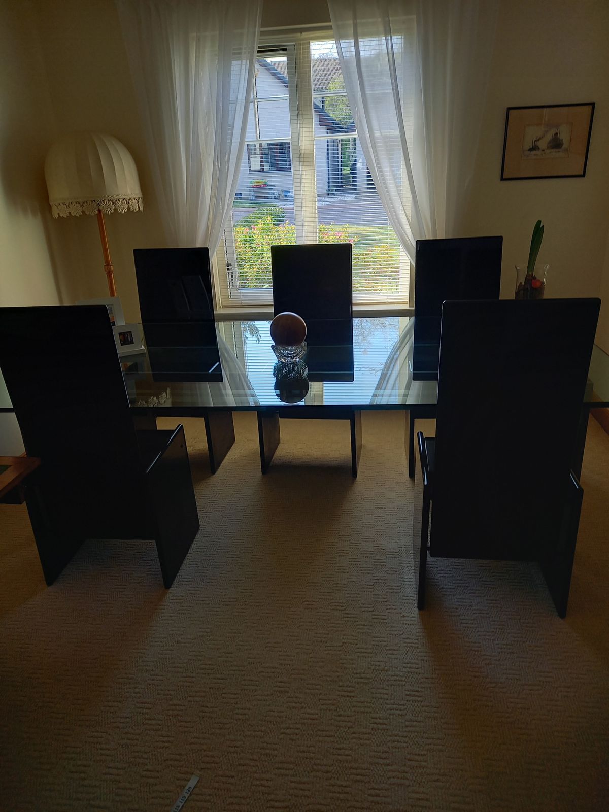 Kazuhide Takahama Glass/Metal Dining Table And 6 Black Lacquered Chairs photo furniture