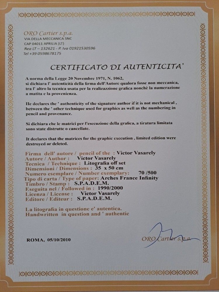 Victor Vasarely Signed Ball Certificate photo for sale