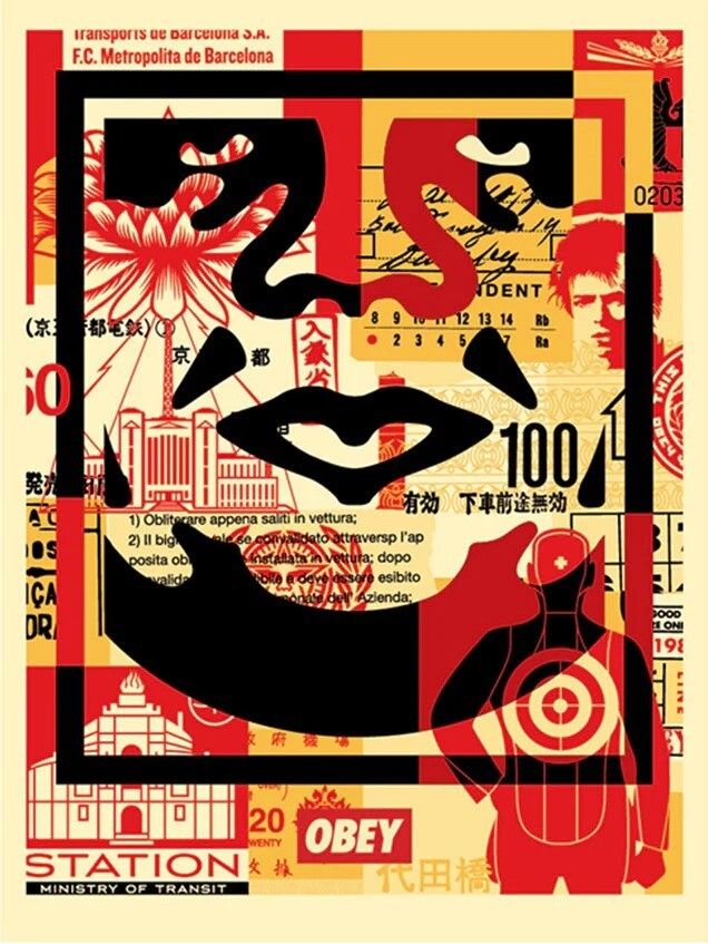Shepard Fairey, 2025 Obey Giant 3 Faces Collage Three Offset Lithographs Cm 61 X 45 Each photo furniture