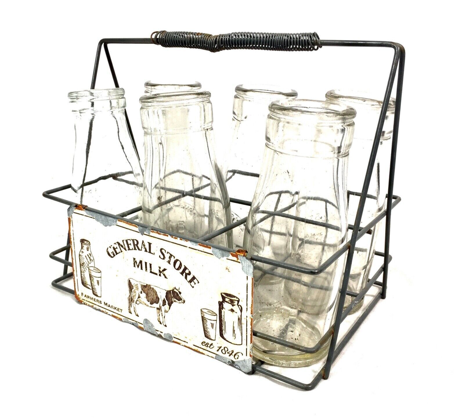Antique Kitchenalia   Set Of Old Glass Milk Bottles & Metal Carrier C.1960