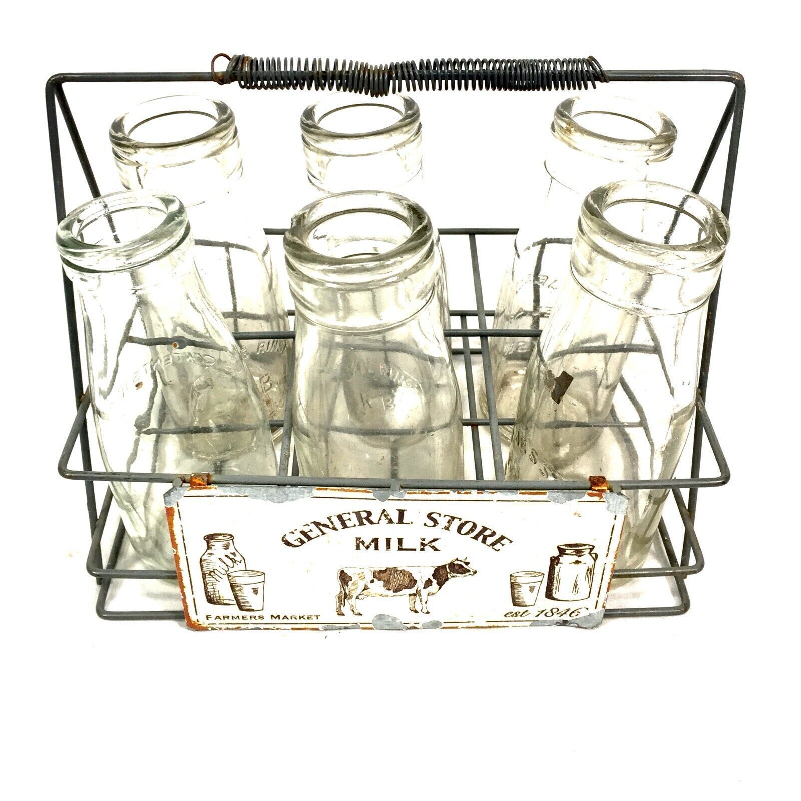 Antique Kitchenalia   Set Of Old Glass Milk Bottles & Metal Carrier C.1960 photo furniture