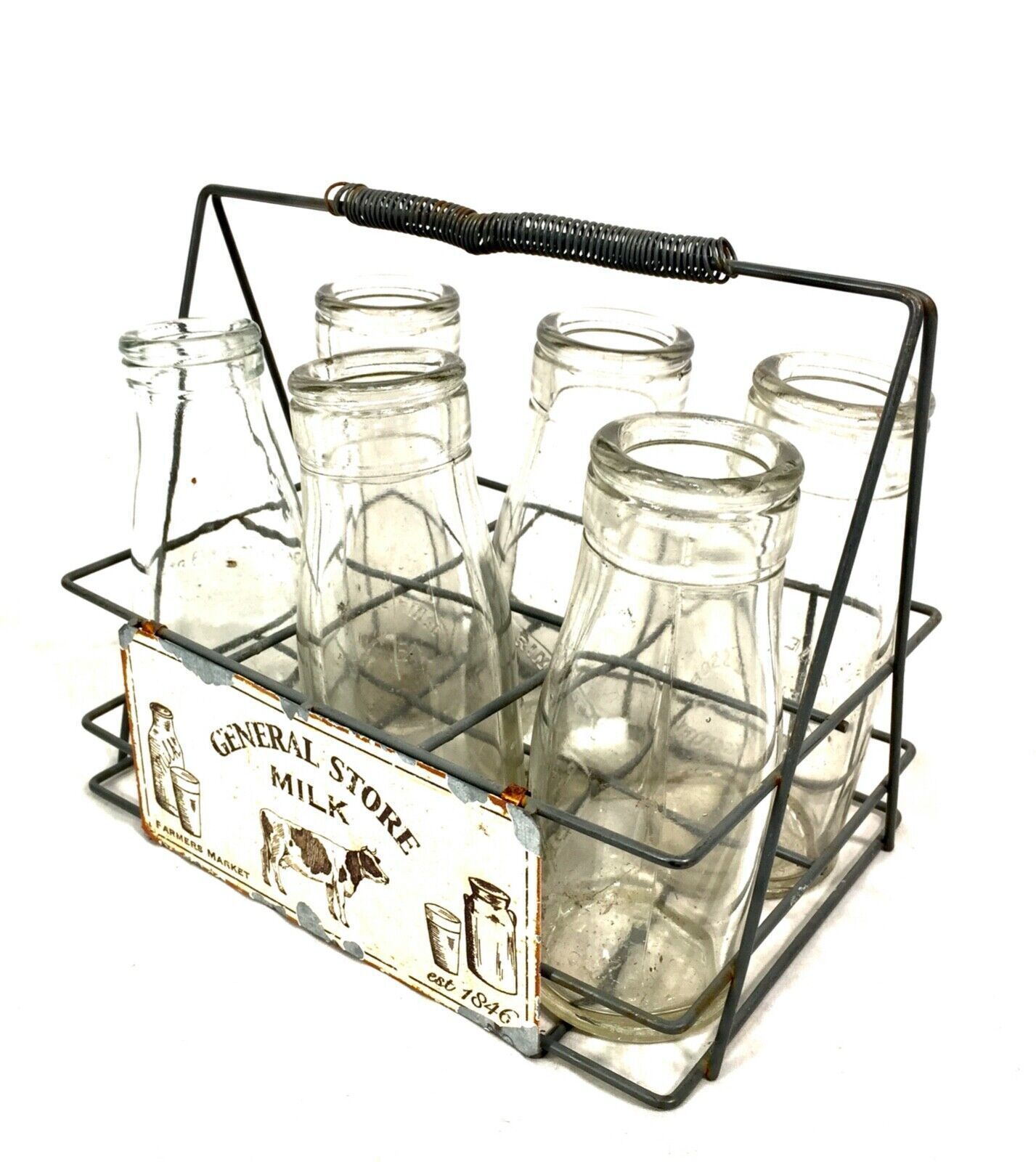 Antique Kitchenalia   Set Of Old Glass Milk Bottles & Metal Carrier C.1960 photo 59.0