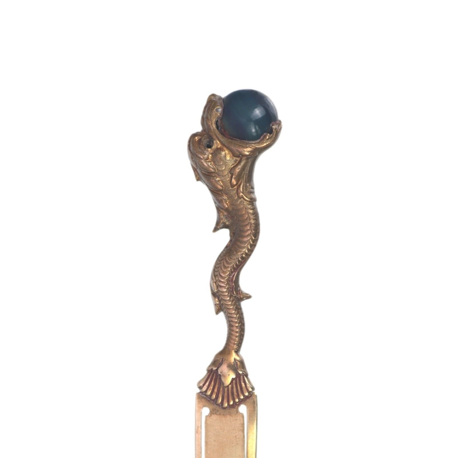 Antique Bookmark / Page Marker Gilt Brass Polished Agate Sea Monster Leviathan photo for sale