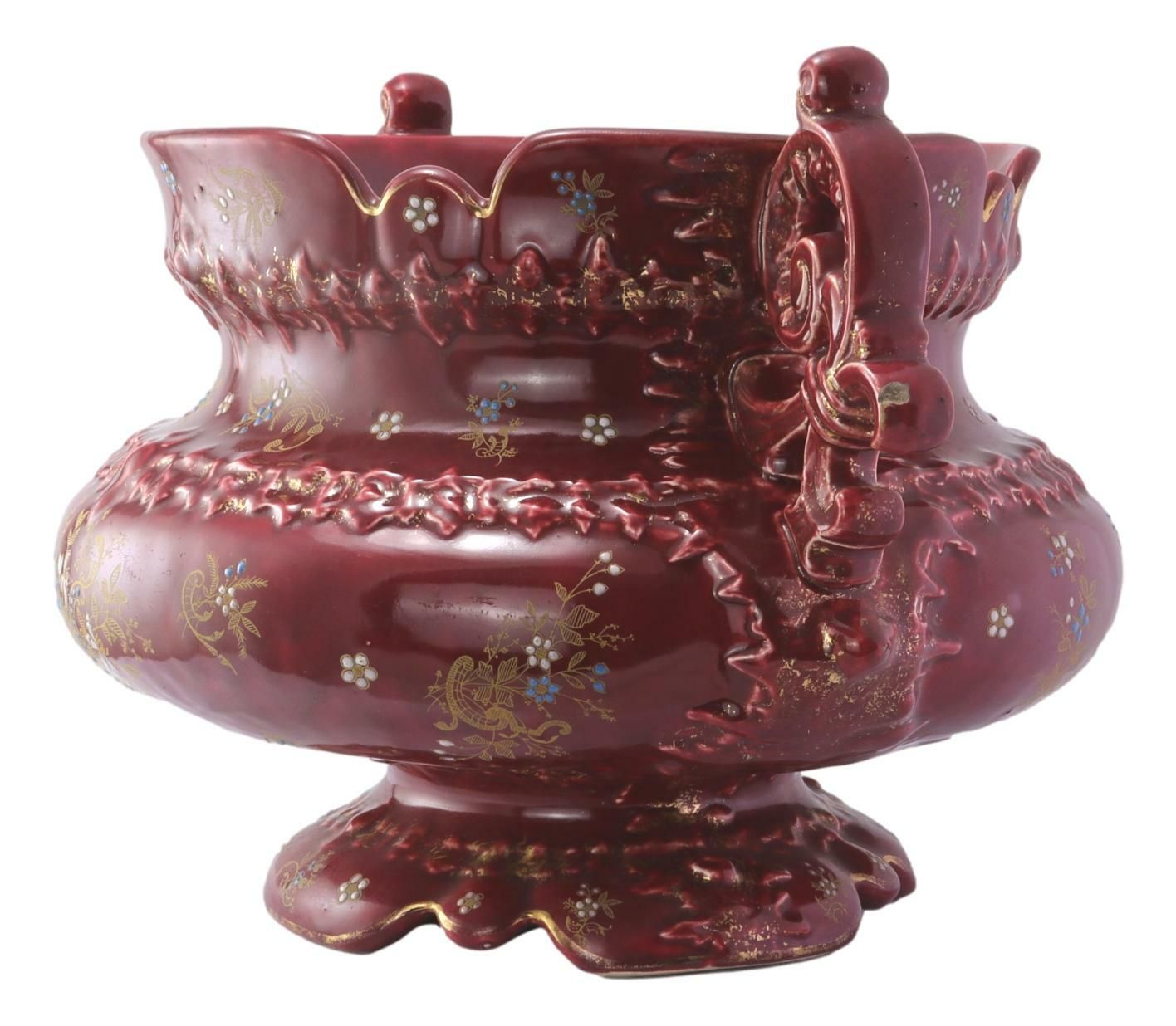Antique French Gustave De Bruyn Majolica Barbotine Enamel Pottery Cache Pot 1900 photo for sale
