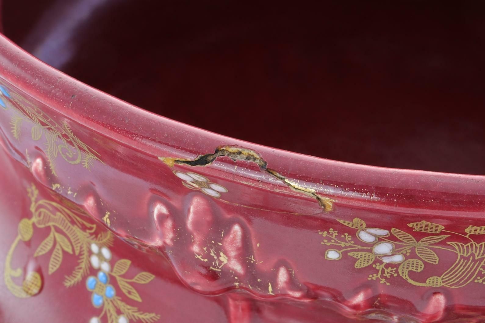 Antique French Gustave De Bruyn Majolica Barbotine Enamel Pottery Cache Pot 1900 photo vintage