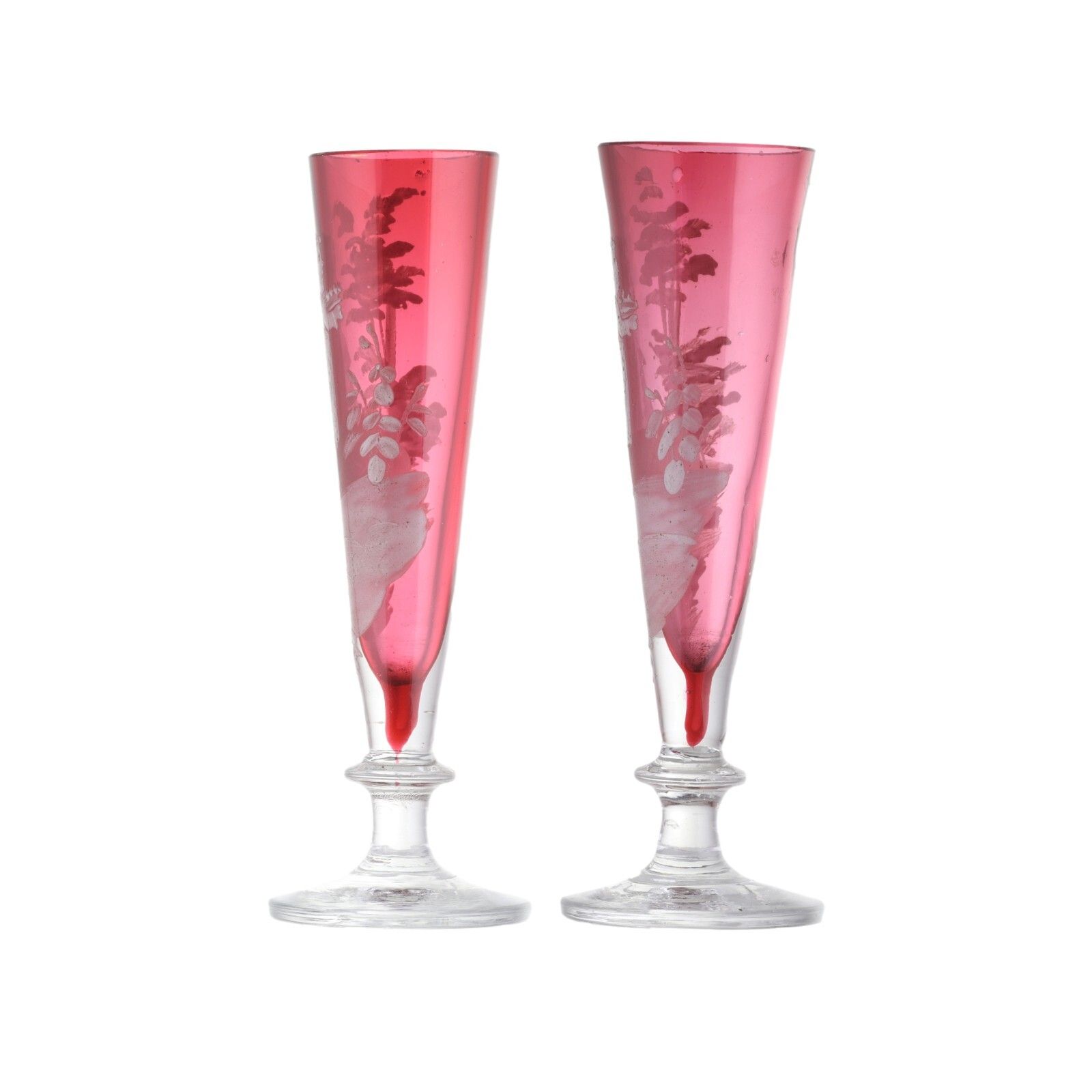 Antique Cranberry Glass Mary Gregory Pair Of Spill Vases Cameo Style Victorian photo 125.0