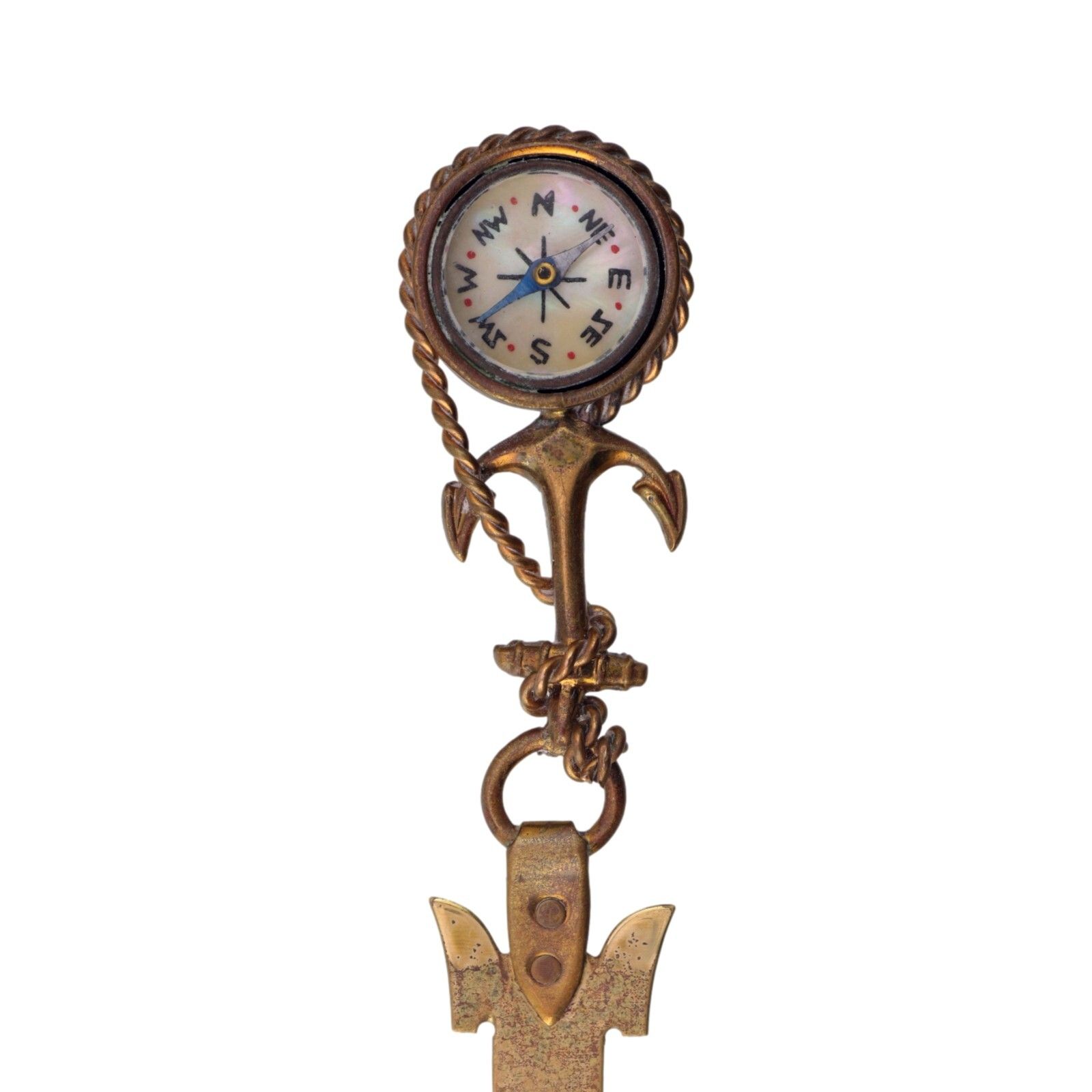 Antique Novelty Bookmark / Page Marker Gilt Brass Working Compass Anchor & Rope