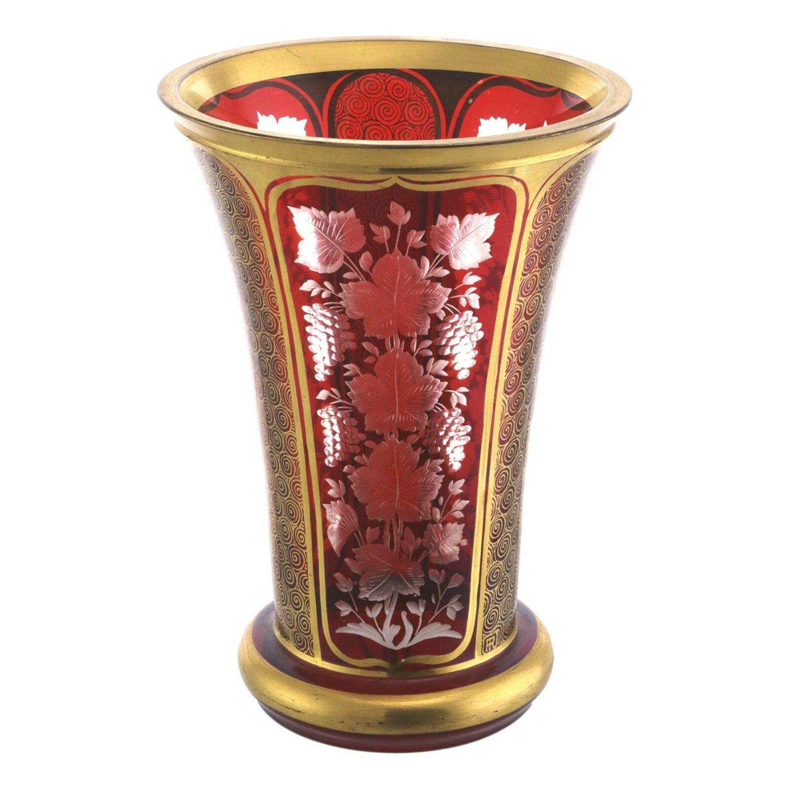 Bohemian Glass Red Overlay Gilt And Vine Decoration Cut Vase 6" (15.25 Cm)