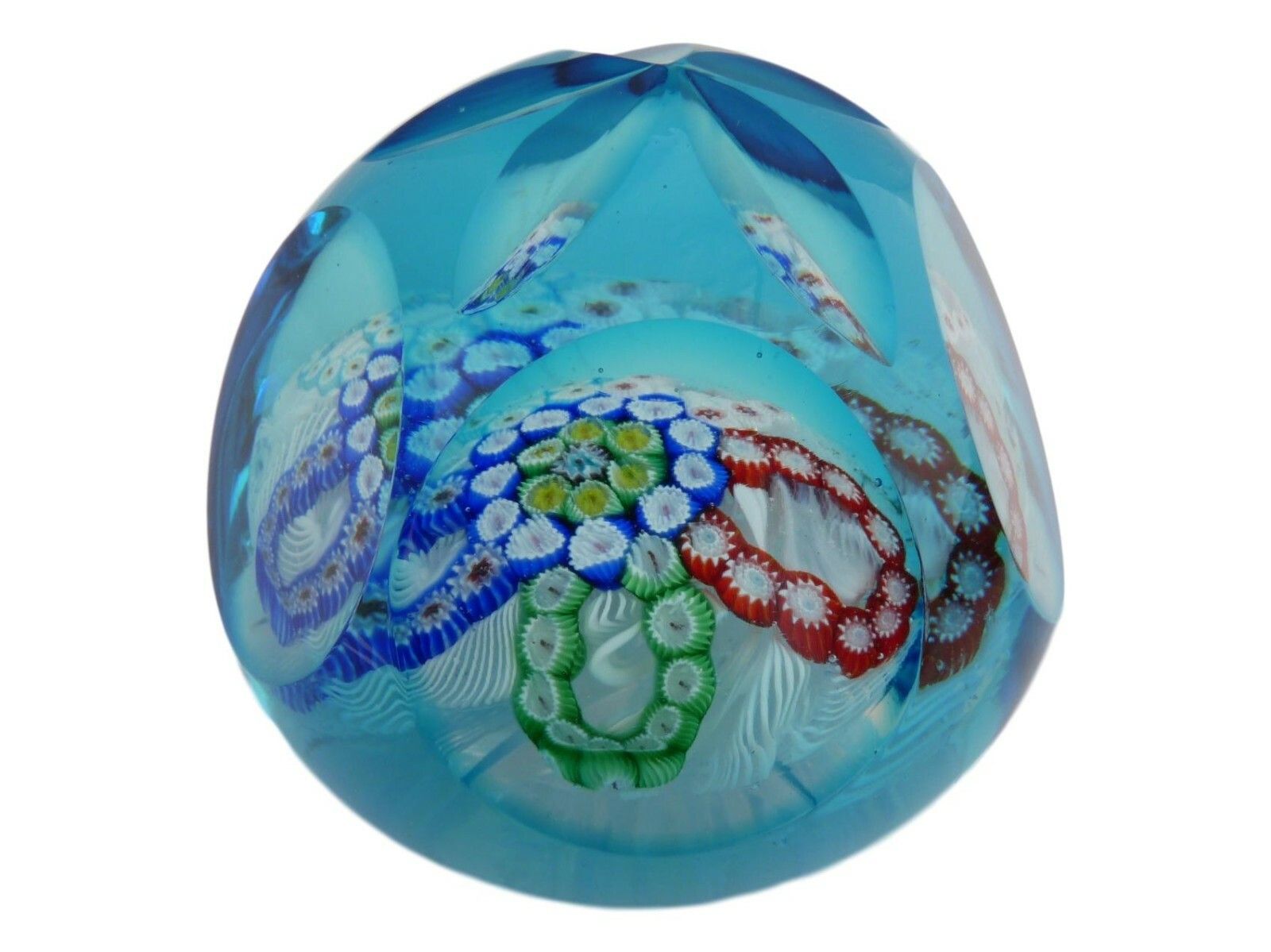 Millefiori & Latticino Glass Paperweight Bright Blue Cased Faceted Cut Top A/F photo buy