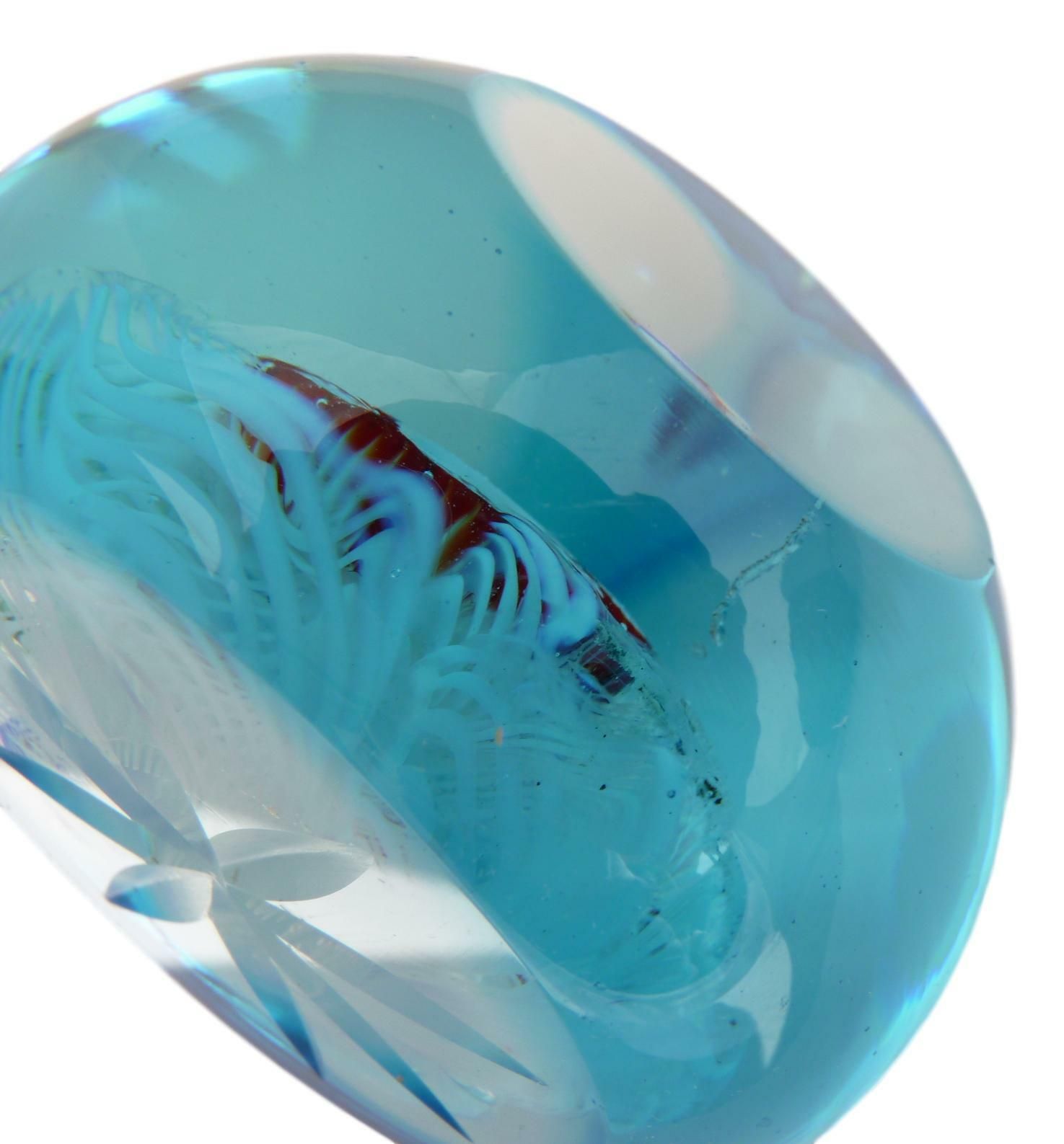 Millefiori & Latticino Glass Paperweight Bright Blue Cased Faceted Cut Top A/F photo vintage