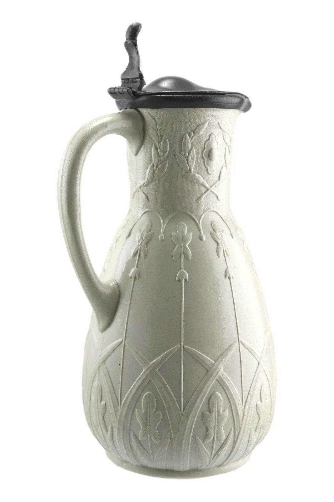 Antique Aesthetic Style Relief Moulded Jug 8 3/4" Metal Lid C1870 photo Home Decor