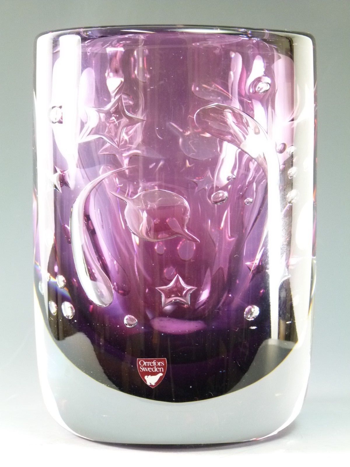 Orrefors Glass Olle Alberius Ariel Vase Moon And Stars 7" photo for sale