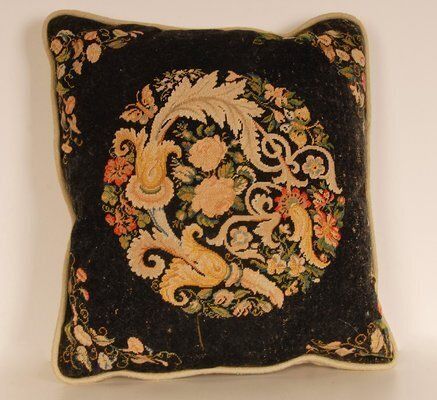19th Century French Needlepoint Cushion Throw Cushion Floral Design Textile Art photo vintage