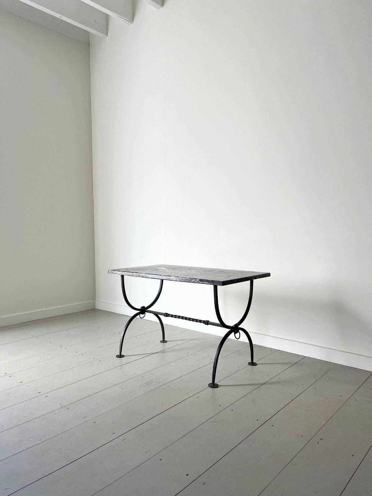 Mid Century Marble Coffee Table With Neoclassical Design And X Frame Curule Iron Base And Legs, French 1960s