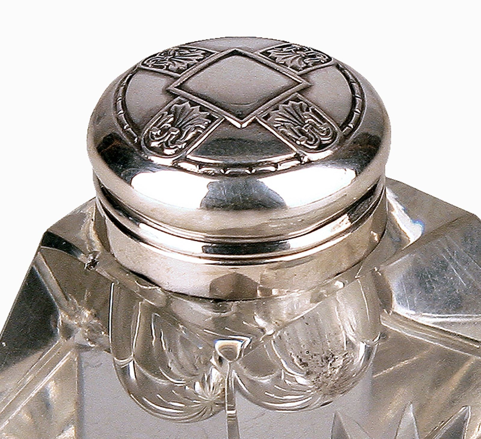 Late 19th Century Jugendstil German Cut Glass Crystal Inkwell With Polished 800 Silver Lid photo buy