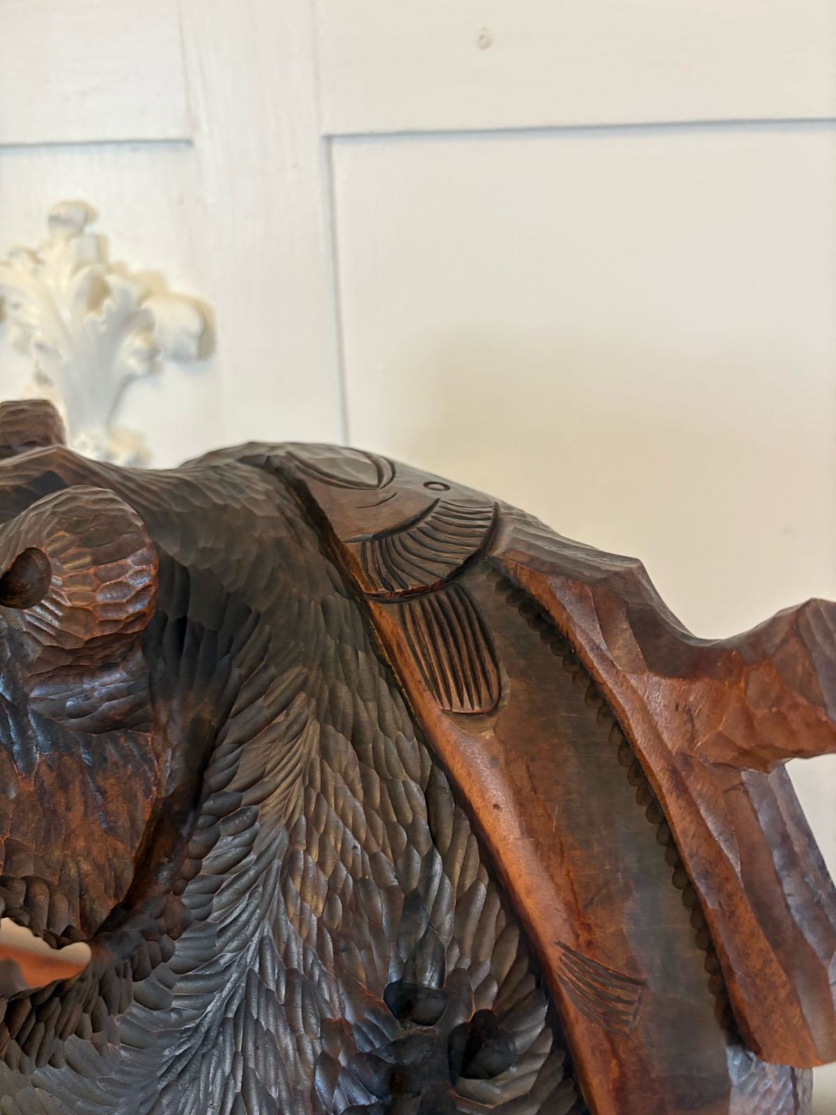 Large Antique Quality Carved Linden Wood Japanese Bear Carrying A Fish photo for sale