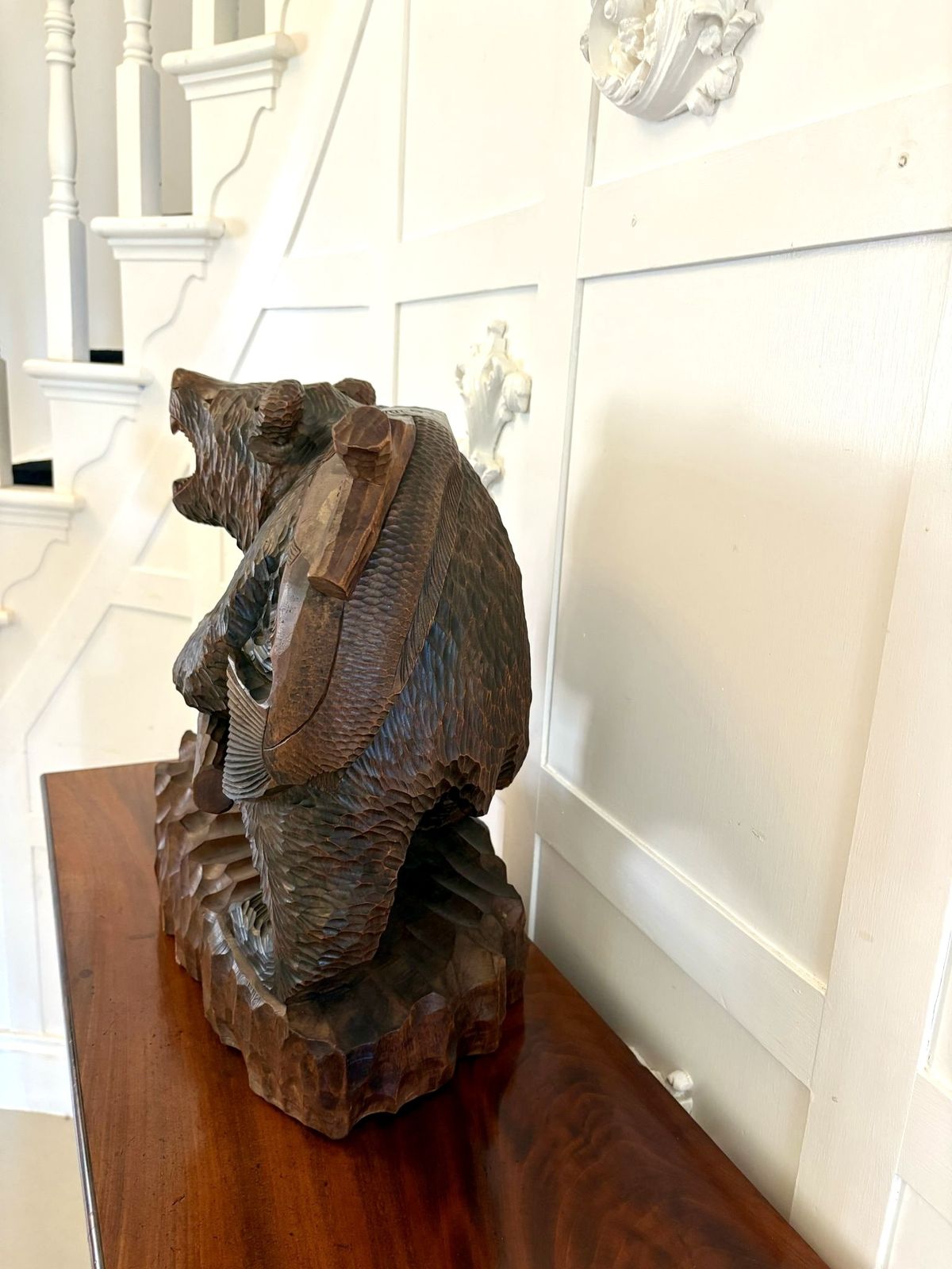 Large Antique Quality Carved Linden Wood Japanese Bear Carrying A Fish photo buy