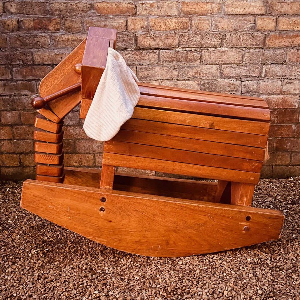 Rare Mid Century Handcrafted Mahogany Rocking Elephant With Layered Trunk & Bell Mechanism, C.1960s