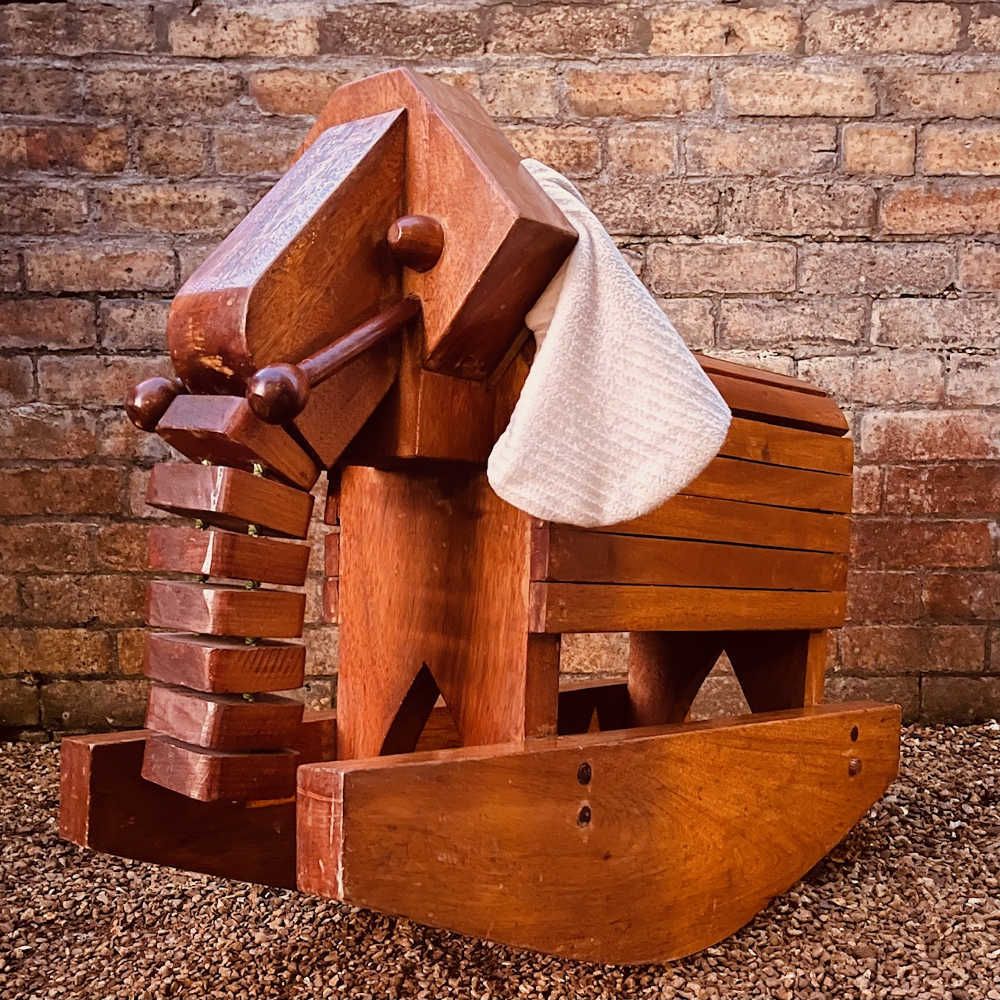 Rare Mid Century Handcrafted Mahogany Rocking Elephant With Layered Trunk & Bell Mechanism, C.1960s photo for sale