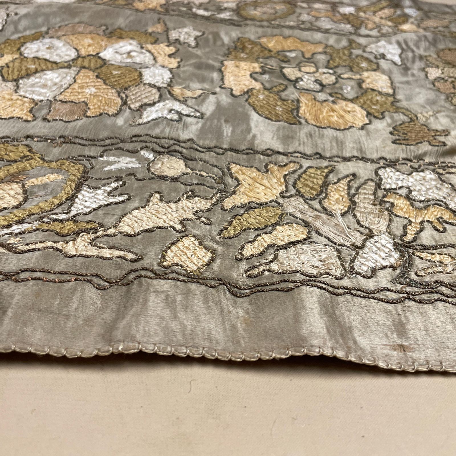 Antique Hand Embroidered Table Runner Furniture Cover Silk Vintage 50x164cm Wall Hanging Mat Rectangle Fabric Upholstery Handmade Textile photo for sale