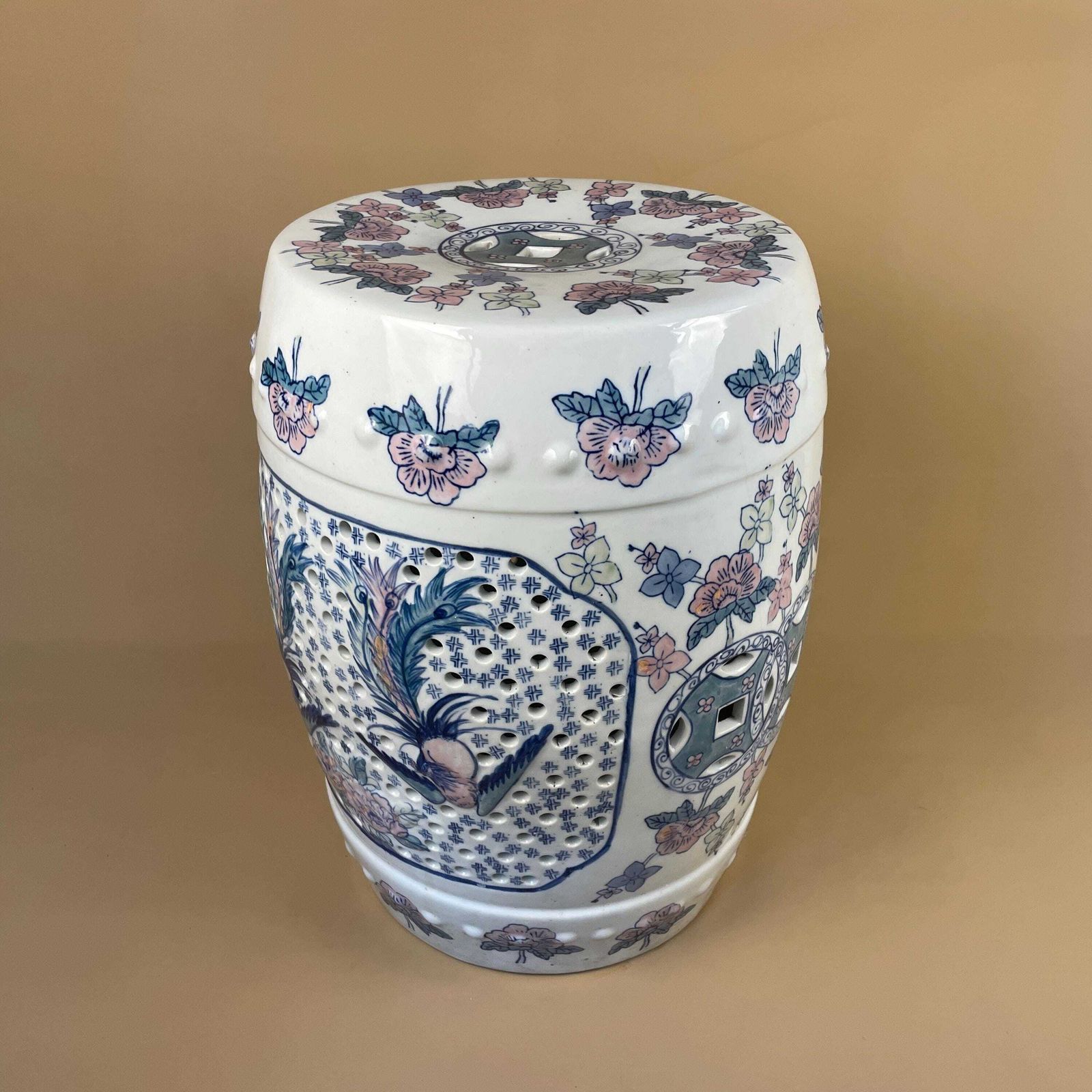 Oriental Table Chinese Floral Ceramic Antique Hand Painted Seat Plant Stand Stool Large Decorative Asian Pink Blue White Floral