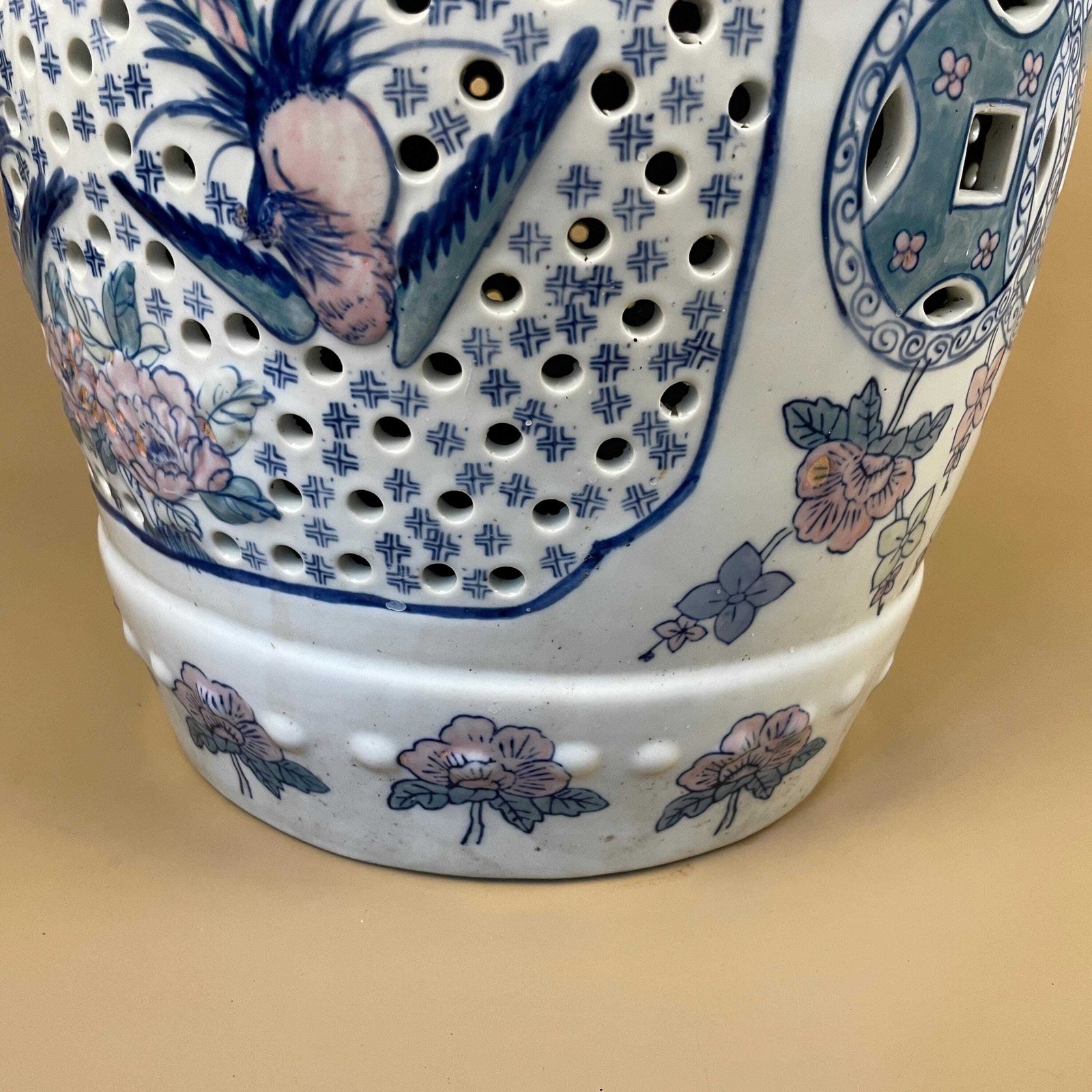 Oriental Table Chinese Floral Ceramic Antique Hand Painted Seat Plant Stand Stool Large Decorative Asian Pink Blue White Floral photo buy