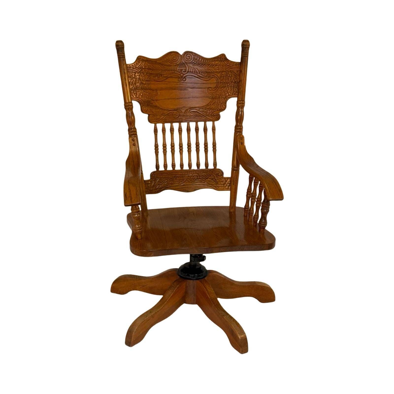 Vintage   Solid Oak   Rotating Desk Chair With Turned Colums And Hand Carved Backrest