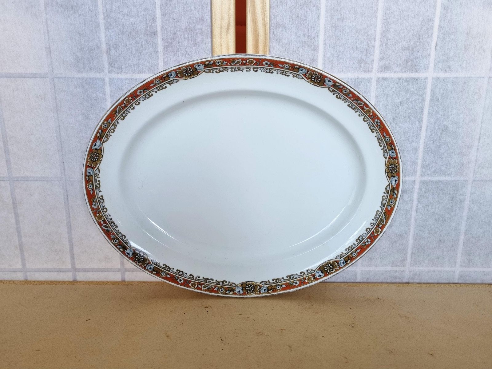 Large Heavy Vintage Losol Ware Platter | Art Deco Border Oval Dish | 1930s Rust Gold Rim | Keeling Co China Serving Tray