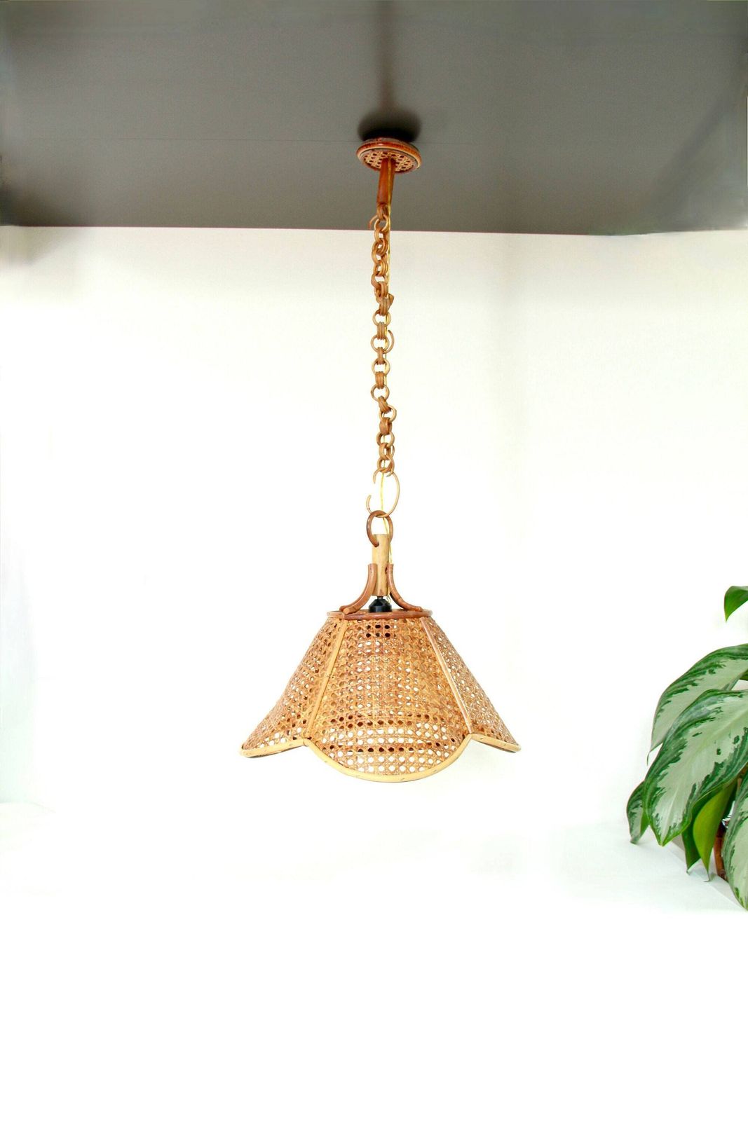 Ombrellino, Vintage Bamboo And Viennese Straw Ceiling Lamp, Italy, 1970s