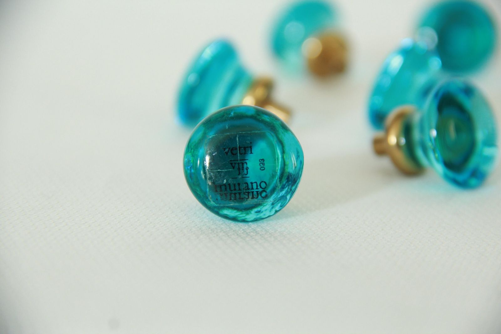 Pomolini, Vintage Pastel Light Blue Murano Glass Knobs With Murano Vetri Label, Set Of 2, Italy, 1960s photo for sale