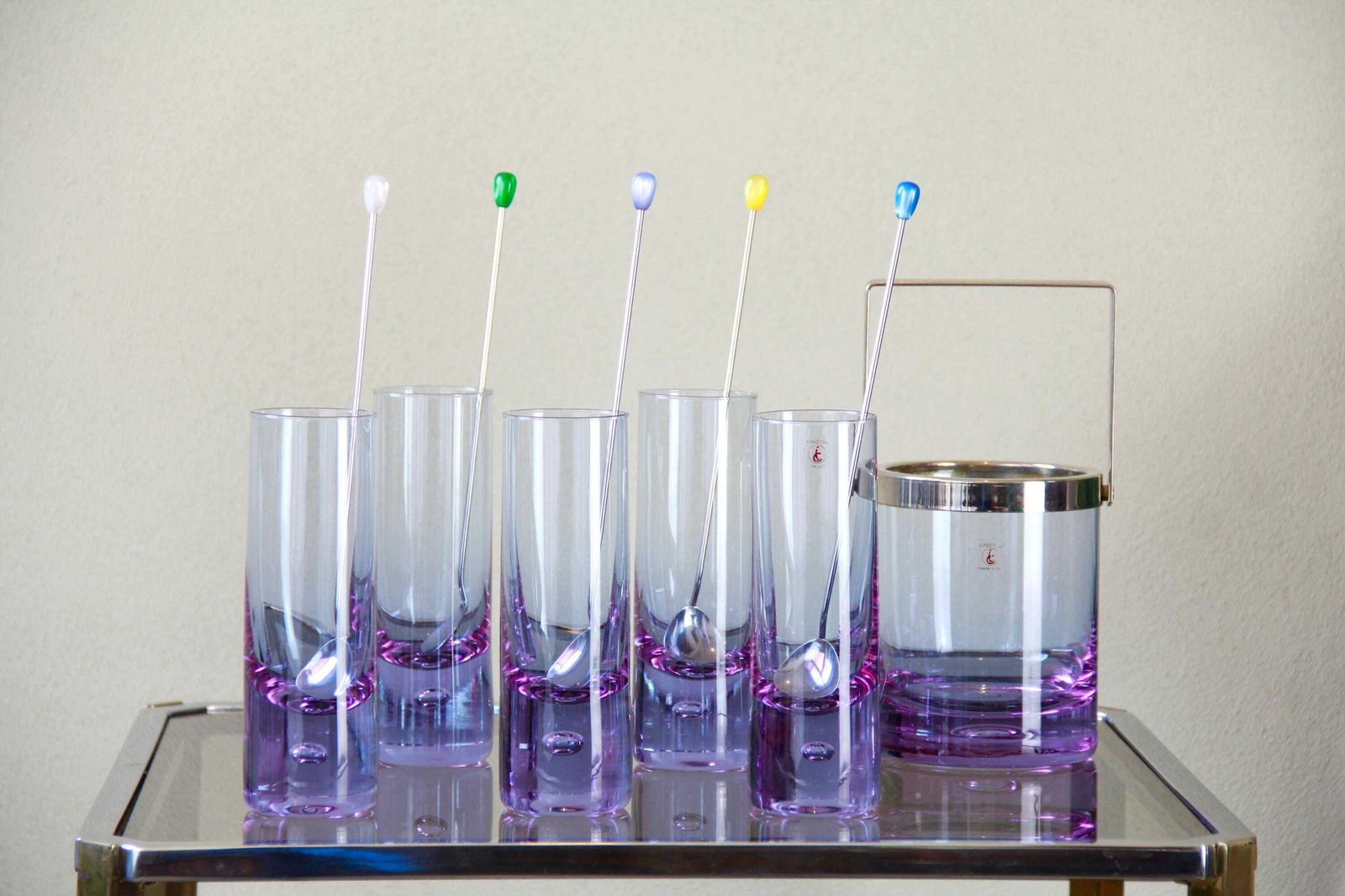 photo for sale Deep Purple, Space Age Alexandrite Drinking Glasses And Ice Bucket By Kristal, Italy, 1970s