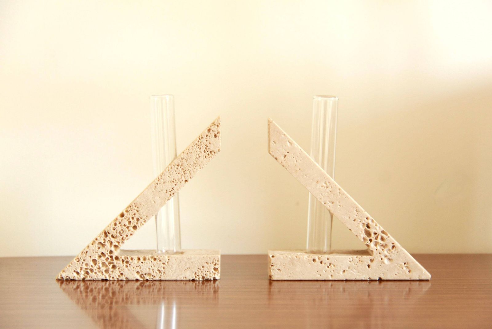 Triangoli, Modernist Travertine Sculptures / Vases By Enzo Mari For F.Lli Manelli, Set Of 2, Italy, 1970s photo furniture