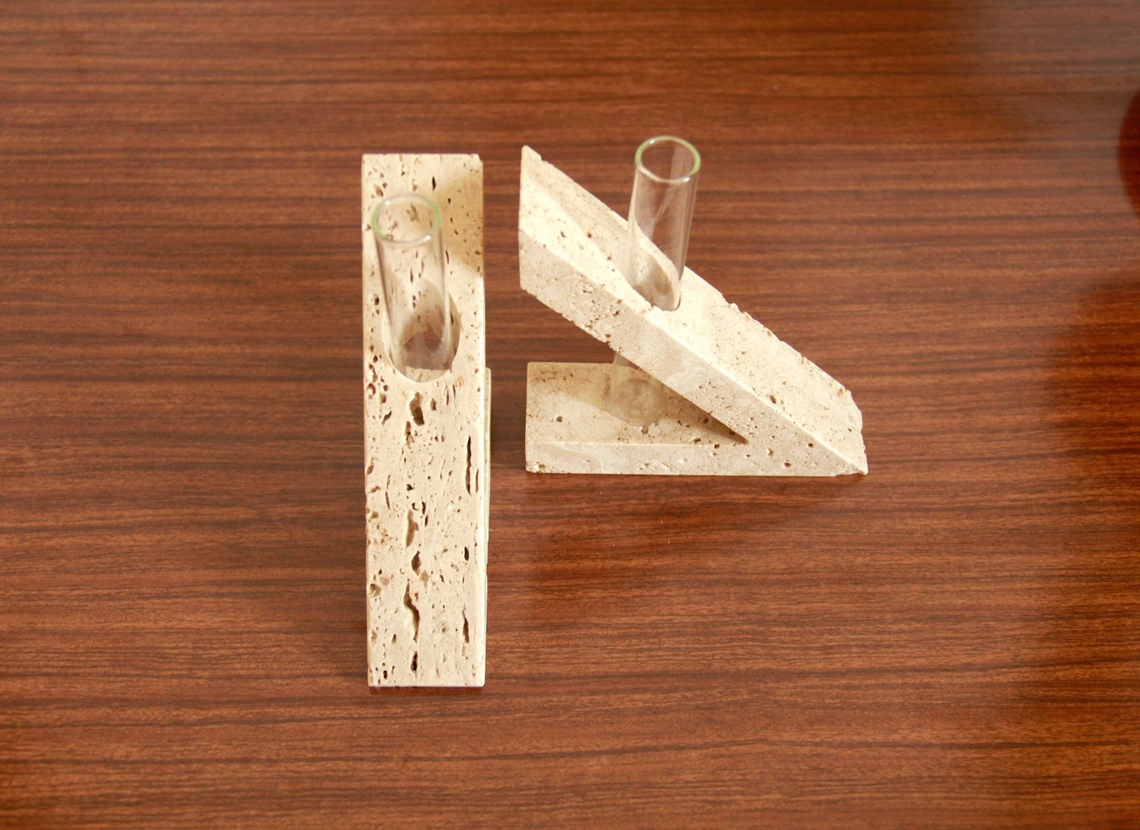 photo for sale Triangoli, Modernist Travertine Sculptures / Vases By Enzo Mari For F.Lli Manelli, Set Of 2, Italy, 1970s