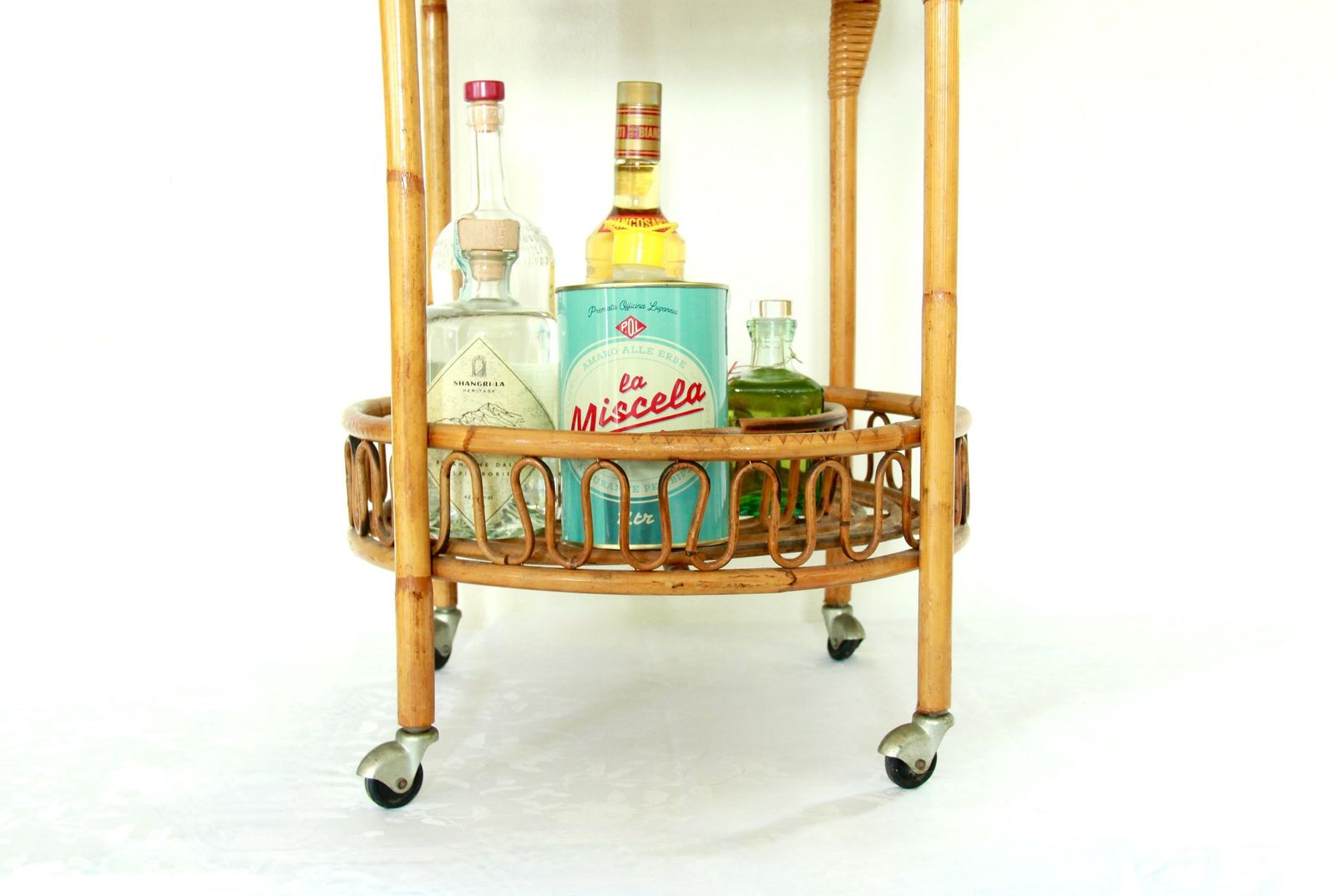 Carrello, Vintage Bamboo And Wicker Bar Cart / Trolley , Italy, 1970s photo for sale